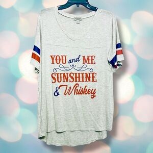 "Sunshine & Whiskey" Women's V-Neck Short Sleeve Graphic Tee Shirt Top Size L
